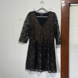 DKNY Womens Black Gold Metallic Floral Lace V-Neck Fit Flare Dress Size 14